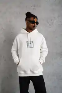 Erkek 3 İplik Pamuklu Kapüşonlu Baskılı Cepli Oversize Sweatshirt Hoodie - Beyaz