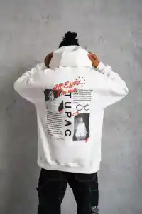 Erkek 3 İplik Pamuklu Kapüşonlu Baskılı Cepli Oversize Sweatshirt Hoodie - Beyaz