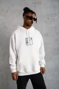 Erkek 3 İplik Pamuklu Kapüşonlu Baskılı Cepli Oversize Sweatshirt Hoodie - Beyaz