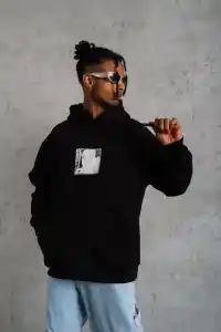 Erkek 3 İplik Pamuklu Kapüşonlu Baskılı Cepli Oversize Sweatshirt Hoodie - Siyah