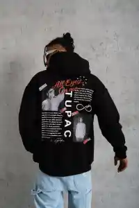 Erkek 3 İplik Pamuklu Kapüşonlu Baskılı Cepli Oversize Sweatshirt Hoodie - Siyah