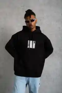 Erkek 3 İplik Pamuklu Kapüşonlu Baskılı Cepli Oversize Sweatshirt Hoodie - Siyah