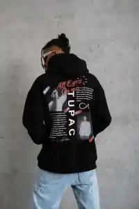 Erkek 3 İplik Pamuklu Kapüşonlu Baskılı Cepli Oversize Sweatshirt Hoodie - Siyah