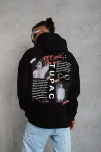 Erkek 3 İplik Pamuklu Kapüşonlu Baskılı Cepli Oversize Sweatshirt Hoodie - Siyah