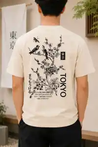 Erkek Ön ve Arka Tokyo Kuş Çiçek Baskılı Oversize T-Shirt - Ekru