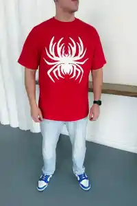 Erkek Örümcek Baskılı Tişört Kısa Kollu Bisiklet Yaka T-Shirt - Kırmızı
