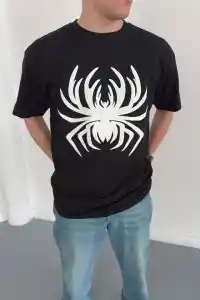 Erkek Örümcek Baskılı Tişört Kısa Kollu Bisiklet Yaka T-Shirt - Siyah