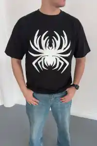 Erkek Örümcek Baskılı Tişört Kısa Kollu Bisiklet Yaka T-Shirt - Siyah