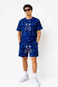 Erkek Oversize Kalıp Pubg Bape X Shark Nakışlı Cepli Şort Takım - Mavi