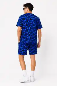 Erkek Oversize Kalıp Pubg Bape X Shark Nakışlı Cepli Şort Takım - Mavi