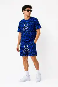 Erkek Oversize Kalıp Pubg Bape X Shark Nakışlı Cepli Şort Takım - Mavi