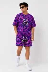 Erkek Oversize Kalıp Pubg Bape X Shark Nakışlı Cepli Şort Takım - Mor