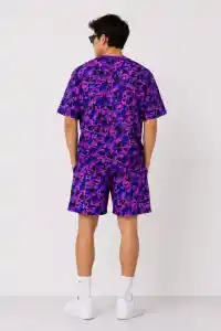 Erkek Oversize Kalıp Pubg Bape X Shark Nakışlı Cepli Şort Takım - Mor