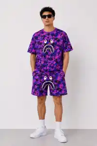 Erkek Oversize Kalıp Pubg Bape X Shark Nakışlı Cepli Şort Takım - Mor