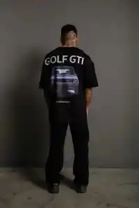 Erkek Oversize Tişört Golf GTI Retro Araba Baskılı T-shirt - Siyah