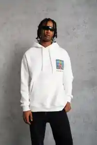 Erkek 3 İplik Pamuklu Kapüşonlu Baskılı Cepli Oversize Sweatshirt Hoodie - Beyaz