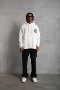 Erkek 3 İplik Pamuklu Kapüşonlu Baskılı Cepli Oversize Sweatshirt Hoodie - Beyaz