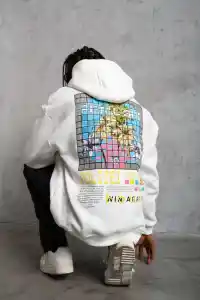 Erkek 3 İplik Pamuklu Kapüşonlu Baskılı Cepli Oversize Sweatshirt Hoodie - Beyaz