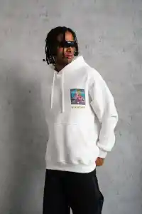 Erkek 3 İplik Pamuklu Kapüşonlu Baskılı Cepli Oversize Sweatshirt Hoodie - Beyaz