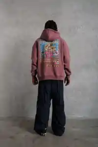 Erkek 3 İplik Pamuklu Kapüşonlu Baskılı Cepli Oversize Sweatshirt Hoodie - Gül Kurusu
