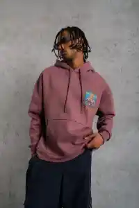 Erkek 3 İplik Pamuklu Kapüşonlu Baskılı Cepli Oversize Sweatshirt Hoodie - Gül Kurusu