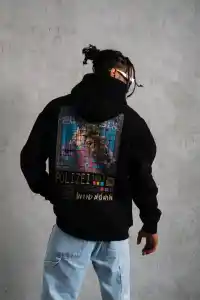 Erkek 3 İplik Pamuklu Kapüşonlu Baskılı Cepli Oversize Sweatshirt Hoodie - Siyah