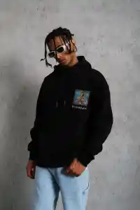 Erkek 3 İplik Pamuklu Kapüşonlu Baskılı Cepli Oversize Sweatshirt Hoodie - Siyah