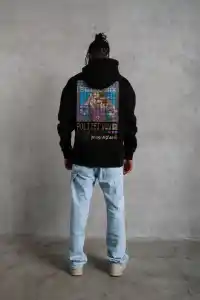 Erkek 3 İplik Pamuklu Kapüşonlu Baskılı Cepli Oversize Sweatshirt Hoodie - Siyah