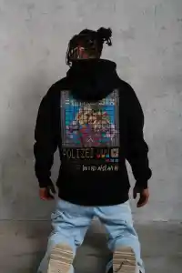 Erkek 3 İplik Pamuklu Kapüşonlu Baskılı Cepli Oversize Sweatshirt Hoodie - Siyah