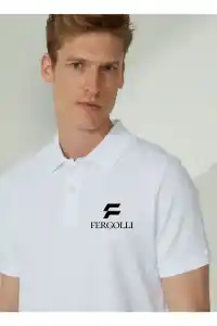 Erkek Pike Polo Yaka Tişört Düğmeli Baskılı T-Shirt - Beyaz