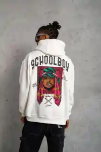 Erkek 3 İplik Pamuklu Kapüşonlu Baskılı Cepli Oversize Sweatshirt Hoodie - Beyaz