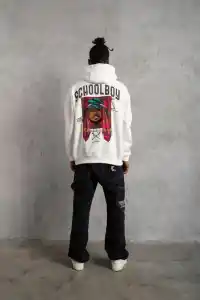 Erkek 3 İplik Pamuklu Kapüşonlu Baskılı Cepli Oversize Sweatshirt Hoodie - Beyaz