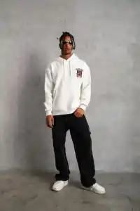 Erkek 3 İplik Pamuklu Kapüşonlu Baskılı Cepli Oversize Sweatshirt Hoodie - Beyaz