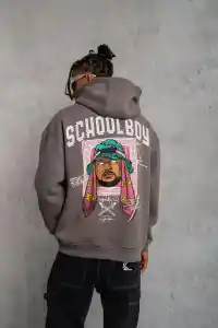 Erkek 3 İplik Pamuklu Kapüşonlu Baskılı Cepli Oversize Sweatshirt Hoodie - Gri