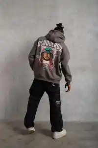 Erkek 3 İplik Pamuklu Kapüşonlu Baskılı Cepli Oversize Sweatshirt Hoodie - Gri