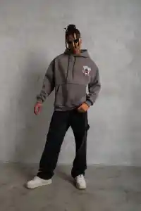 Erkek 3 İplik Pamuklu Kapüşonlu Baskılı Cepli Oversize Sweatshirt Hoodie - Gri