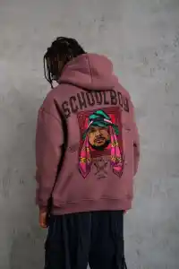 Erkek 3 İplik Pamuklu Kapüşonlu Baskılı Cepli Oversize Sweatshirt Hoodie - Gül Kurusu