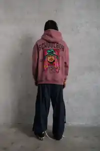 Erkek 3 İplik Pamuklu Kapüşonlu Baskılı Cepli Oversize Sweatshirt Hoodie - Gül Kurusu