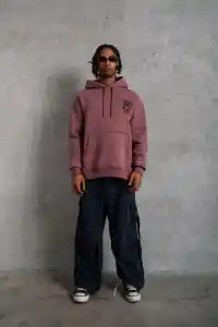 Erkek 3 İplik Pamuklu Kapüşonlu Baskılı Cepli Oversize Sweatshirt Hoodie - Gül Kurusu