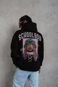 Erkek 3 İplik Pamuklu Kapüşonlu Baskılı Cepli Oversize Sweatshirt Hoodie - Siyah