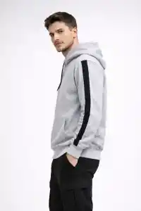Erkek Şeritli Kapüşonlu Oversize Sweatshirt 3 iplik Pamuklu hoodie - Beyaz