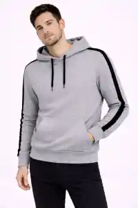Erkek Şeritli Kapüşonlu Sweatshirt Oversize 3 iplik Pamuklu Hoodie - Gri