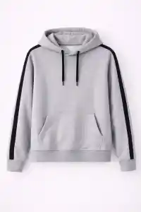 Erkek Şeritli Kapüşonlu Sweatshirt Oversize 3 iplik Pamuklu Hoodie - Gri