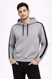 Erkek Şeritli Kapüşonlu Sweatshirt Oversize 3 iplik Pamuklu Hoodie - Gri