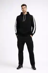 Erkek Şeritli Kapüşonlu Sweatshirt Oversize 3 iplik Pamuklu Hoodie - Siyah