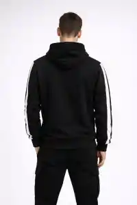 Erkek Şeritli Kapüşonlu Sweatshirt Oversize 3 iplik Pamuklu Hoodie - Siyah