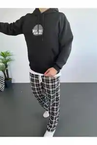 Erkek 3 İplik Pamuklu Kapüşonlu Baskılı Cepli Oversize Sweatshirt Hoodie - Siyah