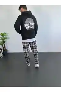 Erkek 3 İplik Pamuklu Kapüşonlu Baskılı Cepli Oversize Sweatshirt Hoodie - Siyah