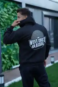 Erkek 3 İplik Pamuklu Kapüşonlu Baskılı Cepli Oversize Sweatshirt Hoodie - Siyah