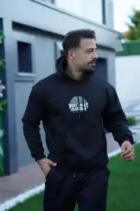 Erkek 3 İplik Pamuklu Kapüşonlu Baskılı Cepli Oversize Sweatshirt Hoodie - Siyah